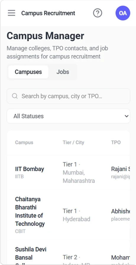 Campus Manager listing colleges, tiers and TPO contacts
